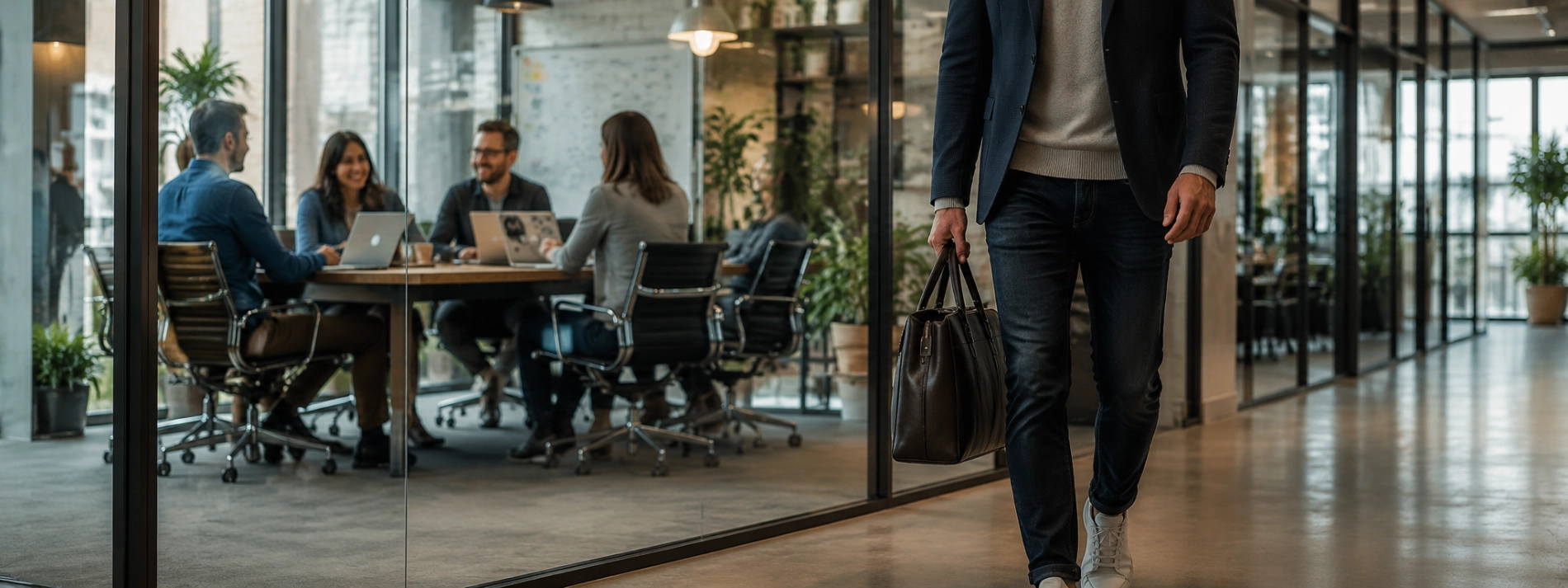 A man walks away down an office corridor carrying a bag, past a meeting still going on behind glass