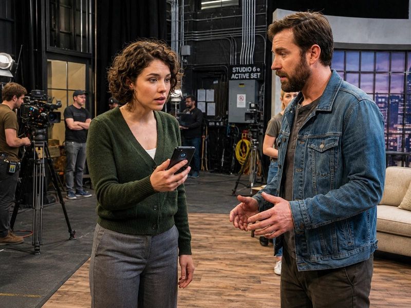 Two actors rehearsing on a stage, one holding a phone, with crew and a camera behind them