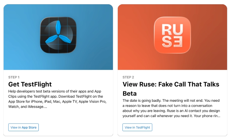 The TestFlight page for the Ruse beta, with the step to install TestFlight and the step to open the Ruse beta
